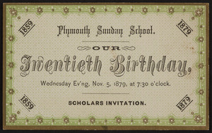 Invitation for the Plymouth Sunday School, twentieth birthday, location unknown, November 5, 1879