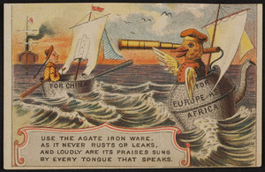 Trade card for Agate Iron Ware, for sale by Morey & Smith, 49 & 51 Haverhill Street, Boston, Mass., undated