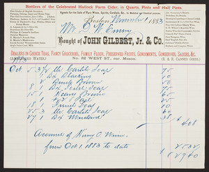 Billhead for John Gilbert, Jr. & Co., fancy groceries, No. 32 West Street, corner Mason, Boston, Mass., dated November 1, 1883