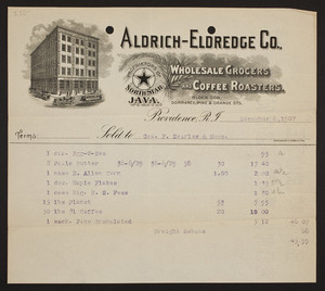 Billhead for Aldrich-Eldredge Co., wholesale grocers and coffee roasters, Block Corner, Dorrance, Pine & Orange Streets, Providence, Rhode Island, dated November 8, 1907