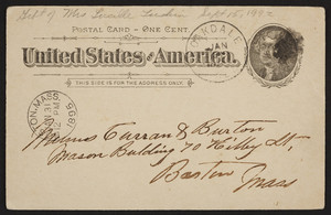 Postcard for Curran & Burton, Mason Building, 70 Kilby Street, Boston, Mass., dated January 31, 1895