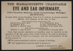 Advertising card for The Massachusetts Charitable Eye and Ear Infirmary, 176 Charles Street, near Cambridge Bridge, Boston, Mass., undated