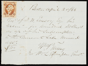 Receipt for subscription to the .... Lake Musical Association, Boston, Mass., April 2, 1866