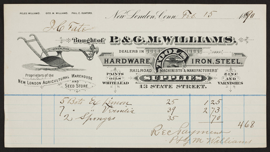 Billhead for P. & G.M. Williams, hardware, tools, iron, steel, 13 State Street, 13 State Street, New London, Connecticut, dated February 15, 1890