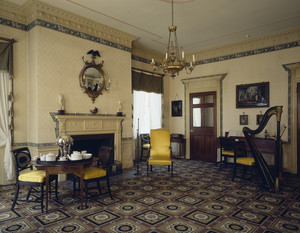 Drawing room with tea table and harp, Harrison Gray Otis House, First, Boston, Mass.