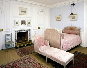 Bed chamber showing fireplace and furniture, Codman House, Lincoln, Mass.