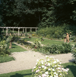 View of the garden with statue, Codman House, Lincoln, Mass.