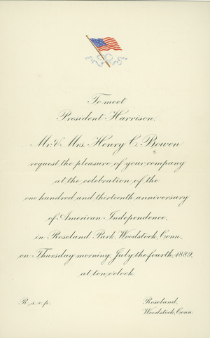 Invitation to meet President Harrison from Mr. & Mrs. Henry Bowen, Roseland Park, Woodstock, Connecticut, July, 4, 1889