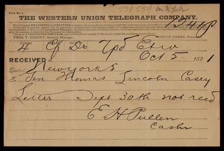 E. H. Pullen to Thomas Lincoln Casey, October 5, 1891, telegram (2 ...