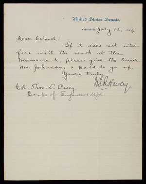 Senator Hawley to Thomas Lincoln Casey, July 12, 1884