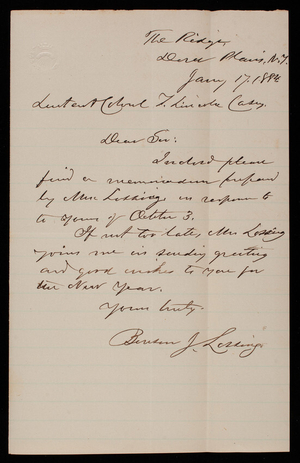 Benson J. Lessing to Thomas Lincoln Casey, January 17, 1884
