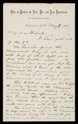 Bernard R. Green to Thomas Lincoln Casey, May 9, 1887