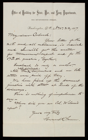 Bernard R. Green to Thomas Lincoln Casey, November 22, 1887