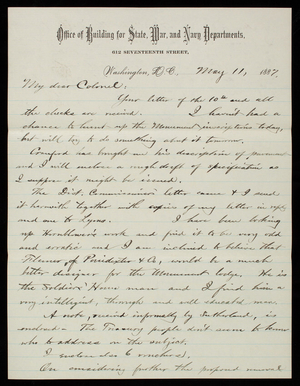 Bernard R. Green to Thomas Lincoln Casey, May 11, 1887