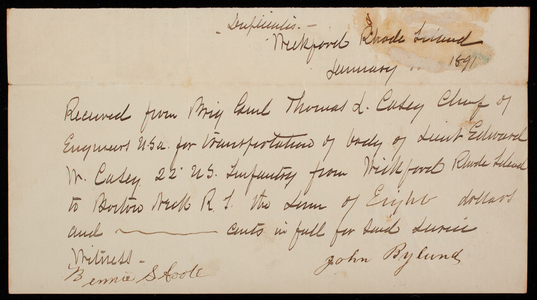 Receipt, Transportation of Leiutenant [Edward Wanton] Casey remains, January 1891