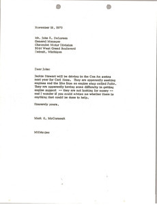 Letter from Mark H. McCormack to John Z. DeLorean