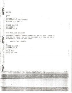 Telex prinotut from Mark H. McCormack to Philippe Chatrier