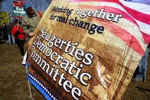 Sign: 'Working together for real change: Saugerties Democratic Committee': rally and march against the Iraq War