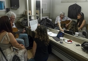 Tom Rush with Maura Kennedy and Lucy Kaplansky backstage in the green room at the For Pete's Sake concert, Clearwater Festival, Tarrytown Music Hall