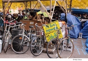 Occupy Wall Street: bicycles lined up by 'pedal power' sign