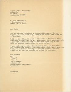 Letter from Fred Zimmerman to Judi Chamberlin