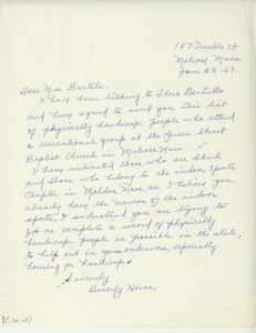 Letter from Beverly Herne to Mary T. Bartels