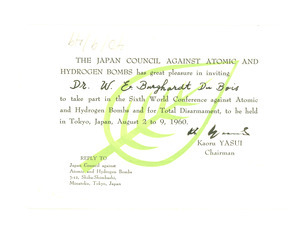 Invitation from Japan Council Against Atomic and Hydrogen Bombs to W. E. B. Du Bois