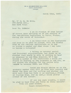Letter from A. Wilberforce Williams to W. E. B. Du Bois