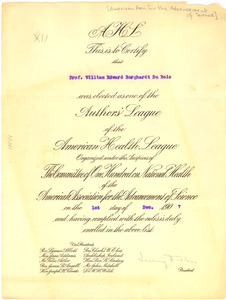 Author's League of the American Health League membership certificate.