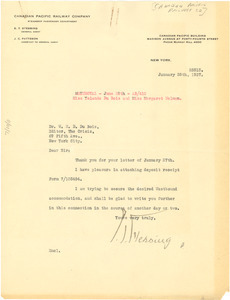 Letter from Canadian Pacific Railway Company to W. E. B. Du Bois