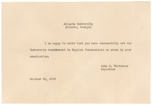 Memorandum from Atlanta University Registrar to Louie Shivery