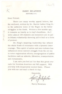 Circular letter from Harry Belafonte to W. E. B. Du Bois