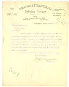 Letter from Southwestern Idaho Debating League to W. E. B. Du Bois