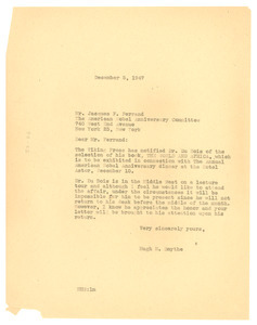 Letter from Hugh S. Smythe to American Nobel Anniversary Committee