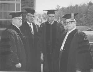 Charter Day: James Pollack, Charles Avila, Glenn Seaborg, and George Meany outside Totman Gymnasium