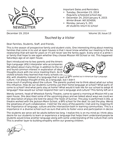 Mission Hill School newsletter, December 19, 2014