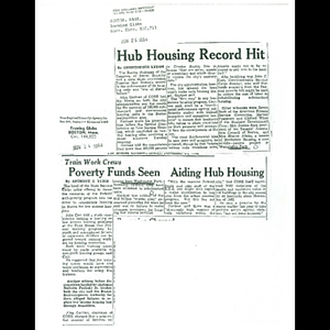 Photocopies of Boston Globe articles about presentations to the Special Committee on Low-Income Housing and criticisms about enforcement of housing codes from Alan Garner, chairman of Boston's Congress of Racial Equality
