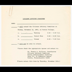 Attendance form for Citizens Advisory Committee meeting on November 22, 1965