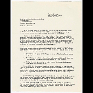 Letter from Lee Williams to Muriel Snowden about conference on urban renewal for teenagers sponsored by Boston's Young Women's Christian Association (YWCA)