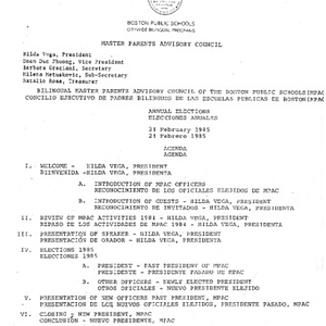 Agenda for a meeting of the Bilingual Master Parents Advisory Council on February 24, 1985