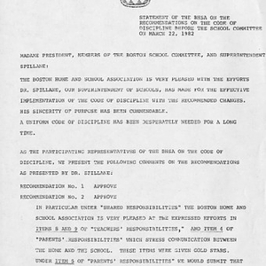 Statement of the BHSA on the recommendations on the Code of Discipline before the School Committee on March 22, 1982