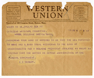 Telegram from G.B. Dealey to Citizens National Committee for Sacco and Vanzetti, August 16, 1927