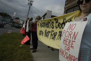 Protest against a pornographic video store in Northampton: protesters in front of proposed store site on King Street