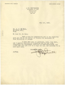 Letter from J. D. Wetmore to W. E. B. Du Bois