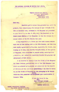 Letter from National Congress of British West Africa to Robert Broadhurst
