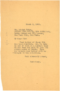 Letter from unidentified correspondent to Adolph Hodge