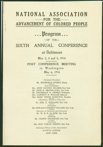 National Association for the Advancement of Colored People program of the sixth annual conference at Baltimore May 3, 4, and 5, 1914.