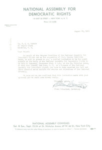 Letter from National Assembly for Democratic Rights to W. E. B. Du Bois