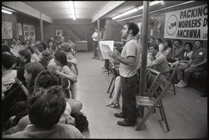 Student Mobilization Committee to End the War in Vietnam meeting against SDS violence: view of audience member speaking