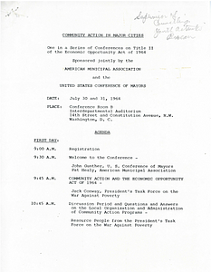Agenda from the community action in major cities conference on Title II of the Economic Opportunity Act of 1964 with attached letter from Executive Director of the American Municipal Asscoiation Patrick Healy and Executive Director of the US Conference of Mayors John Gunther to Mayor John Collins